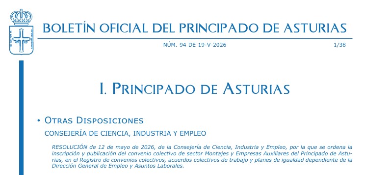 Publicado en el BOPA el nuevo convenio de Montajes y Auxiliares, que beneficiará a más de 3.500 personas trabajadoras